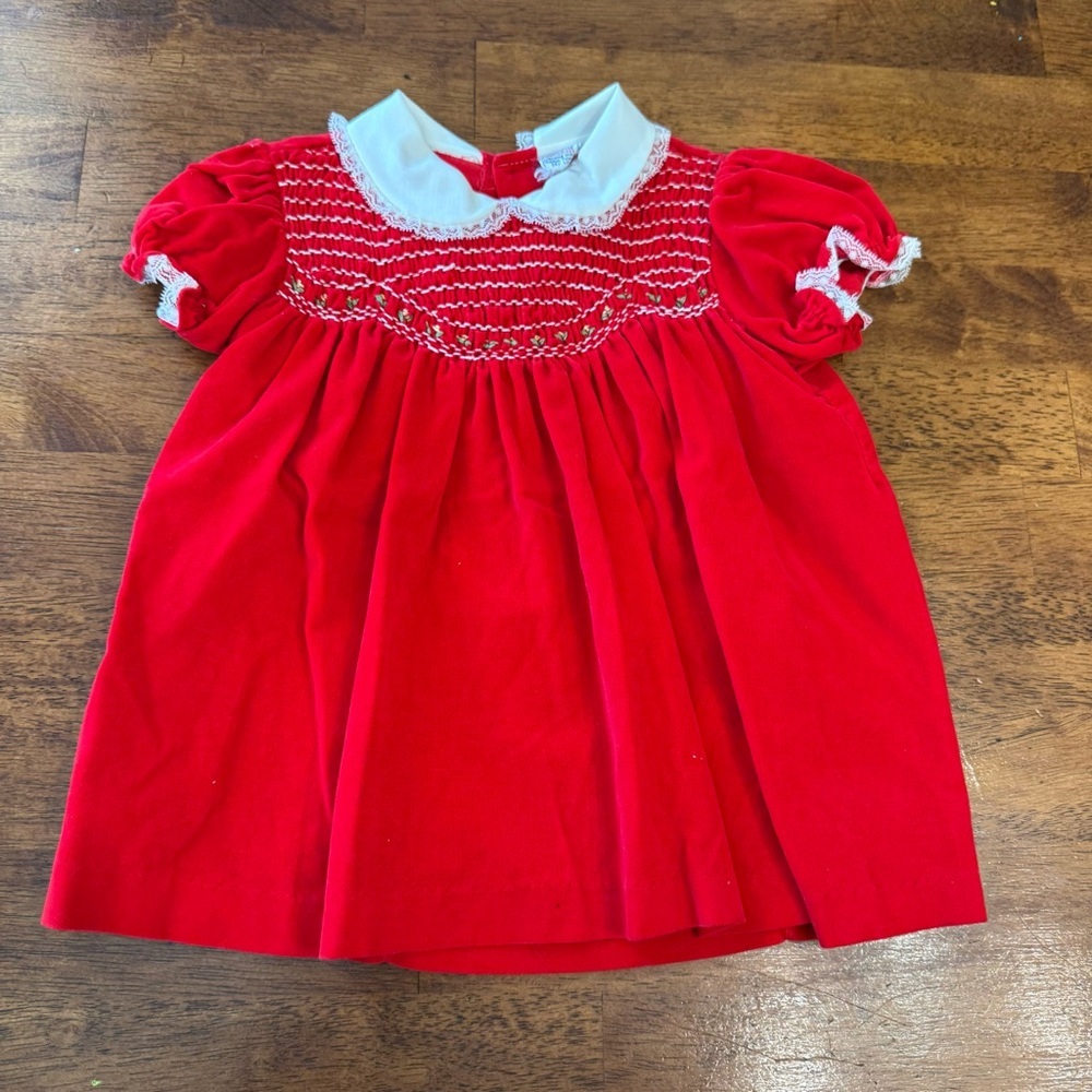 Vintage Red Smocked Velvet Baby Dress white collar no size tag measures 6-12 m